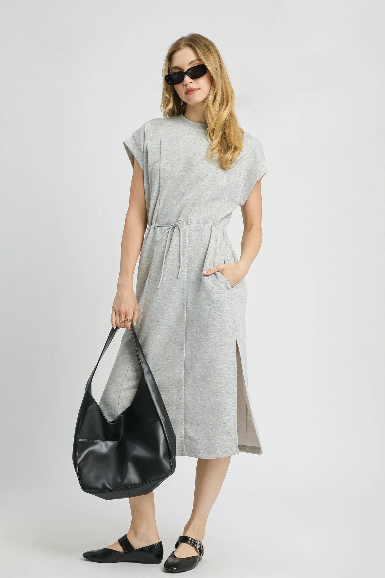 Umgee Side Slit Short Sleeve Midi Tee Dress Light Gray Dresses - Casual Dresses