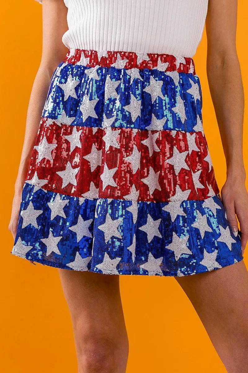 BiBi American Flag Theme Star Sequin Tiered Skirt - Shop Style & More | Fresh Looks, Everyday Deals & Free Shipping