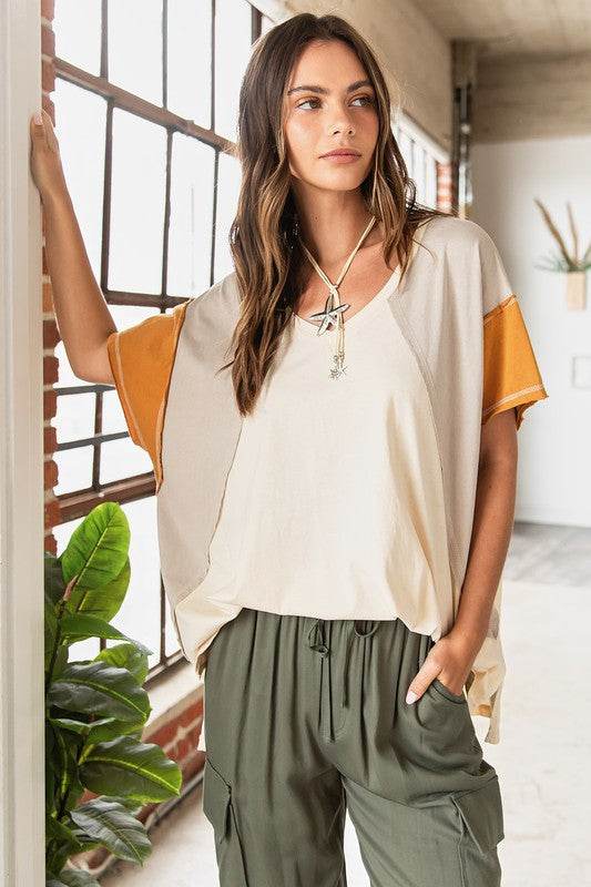 Mittoshop Color Block V-Neck Short Sleeve T-Shirt - Shop Style & More | Fresh Looks, Everyday Deals & Free Shipping