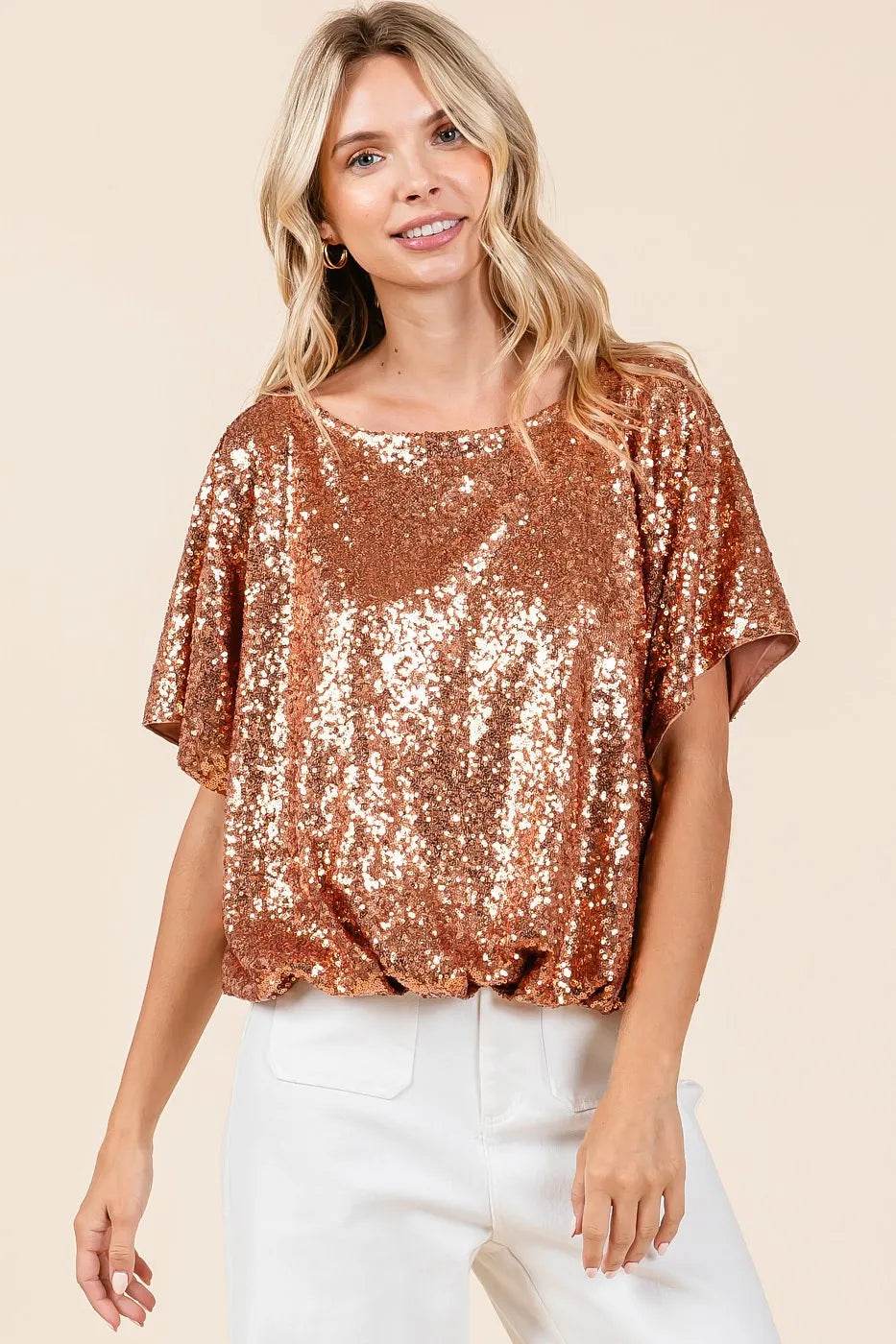 Mittoshop Sequin Short Sleeve Elastic Band Hem Top - Shop Style & More | Fresh Looks, Everyday Deals & Free Shipping
