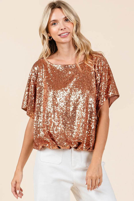 Mittoshop Sequin Short Sleeve Elastic Band Hem Top - Shop Style & More | Fresh Looks, Everyday Deals & Free Shipping
