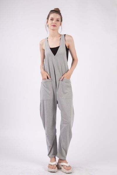 VERY J Plunge Sleeveless Jumpsuit with Pockets Grey Jumpsuits