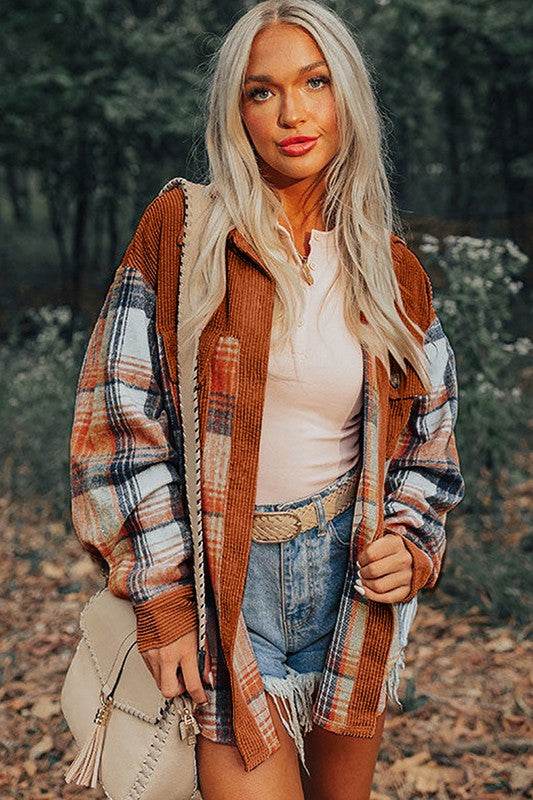 Plaid Corduroy Patchwork Chest Pocket Shacket - Shop Style & More | Fresh Looks, Everyday Deals & Free Shipping