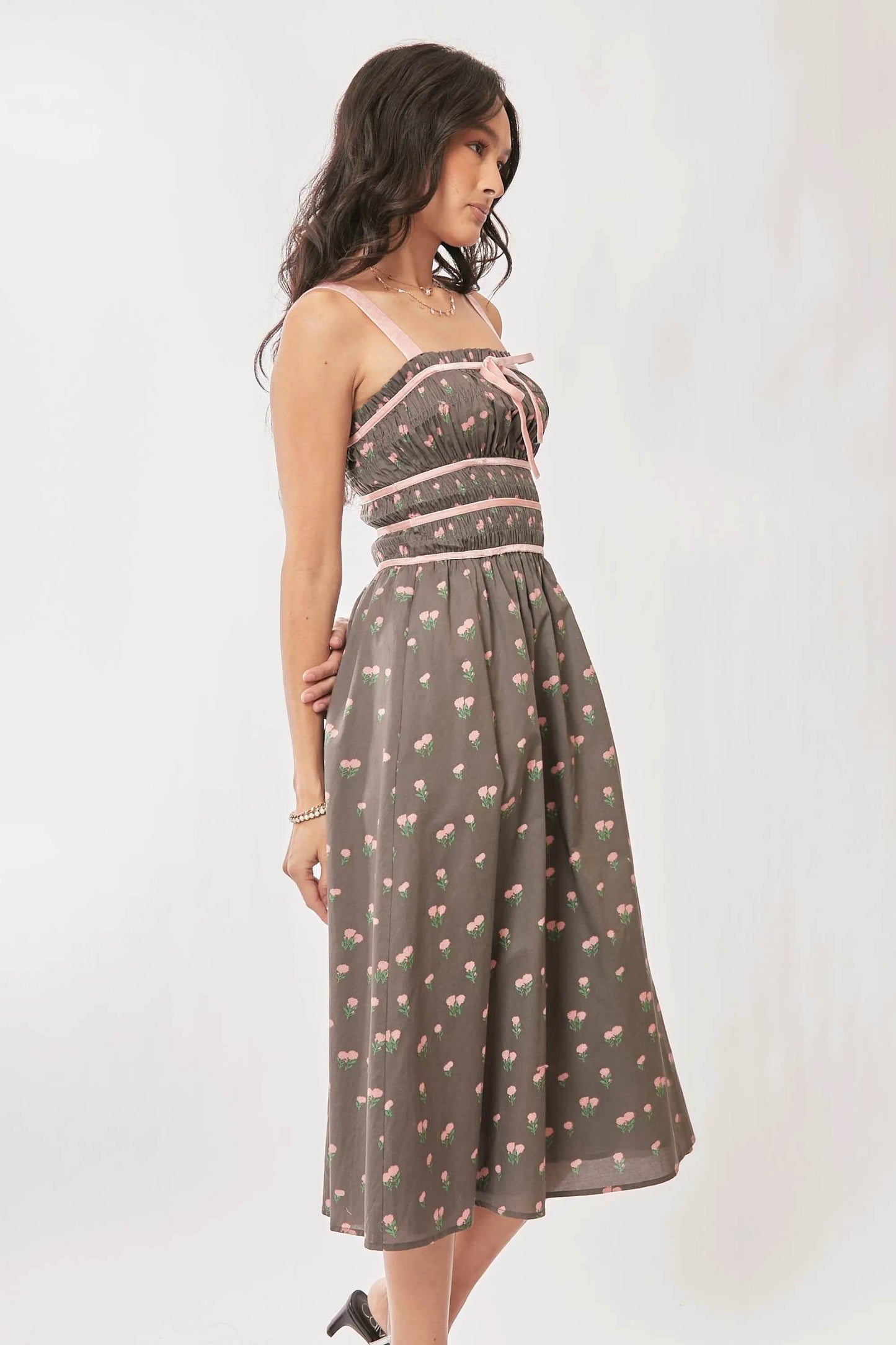 Davi & Dani Contrast Velvet Tape Smocking Bodice Midi Dress - Shop Style & More | Fresh Looks, Everyday Deals & Free Shipping