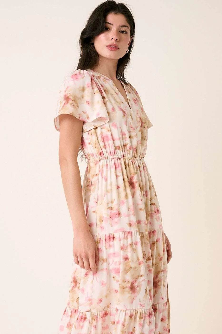 Mittoshop Flower Print Flutter Sleeve V Slit Maxi Dress - Shop Style & More | Fresh Looks, Everyday Deals & Free Shipping