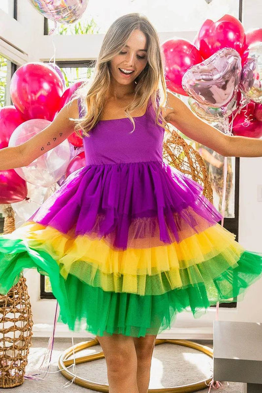 BiBi Mardi Gras Color Block Layered Mesh Tiered Dress - Shop Style & More | Fresh Looks, Everyday Deals & Free Shipping