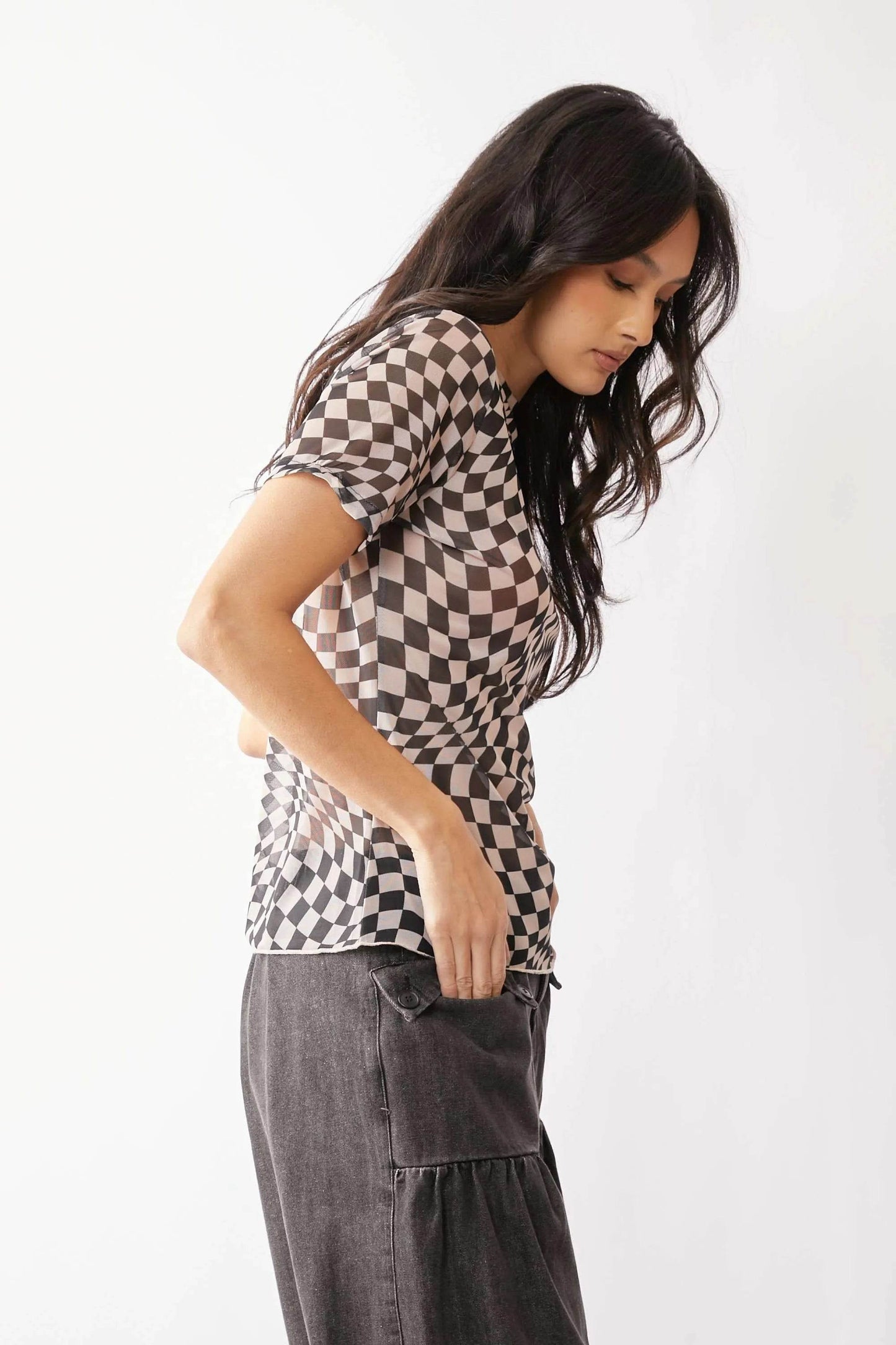 Davi & Dani Checker Board Printed Mesh Short Sleeve Top - Shop Style & More | Fresh Looks, Everyday Deals & Free Shipping