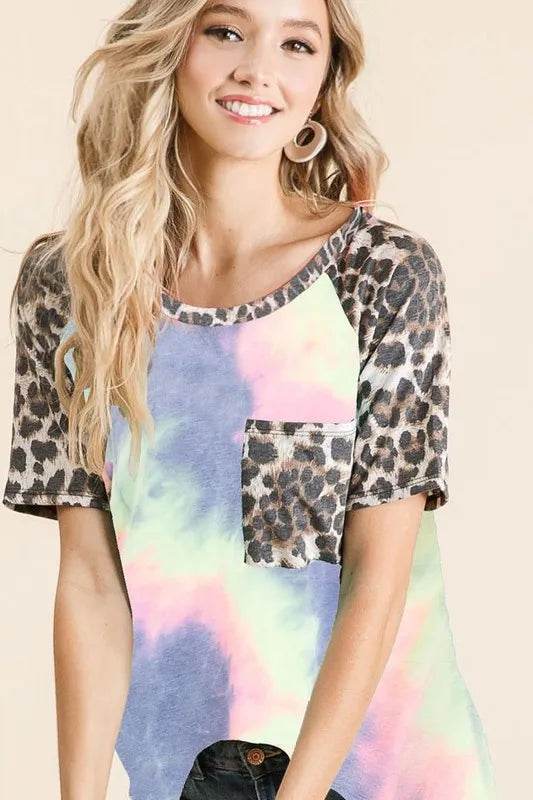 BiBi Tie Dye Knit Top with Leopard Raglan Sleeves - Shop Style & More | Fresh Looks, Everyday Deals & Free Shipping