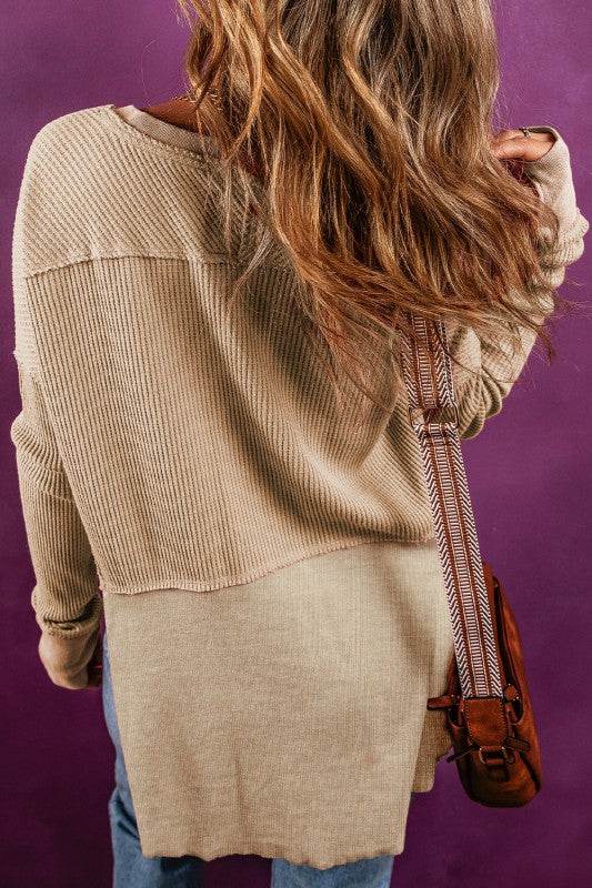 Giselle Exposed Seam Slit Neck Waffle Knit Patchwo - Shop Style & More | Fresh Looks, Everyday Deals & Free Shipping