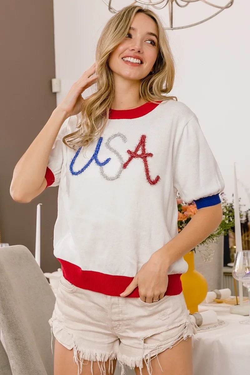BiBi USA Metallic Letter Color Block Knit Top - Shop Style & More | Fresh Looks, Everyday Deals & Free Shipping