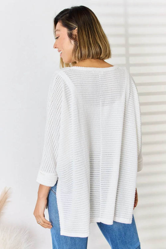 Zenana Full Size Waffle Knit V-Neck Long Sleeve Slit Top - Shop Style & More | Fresh Looks, Everyday Deals & Free Shipping