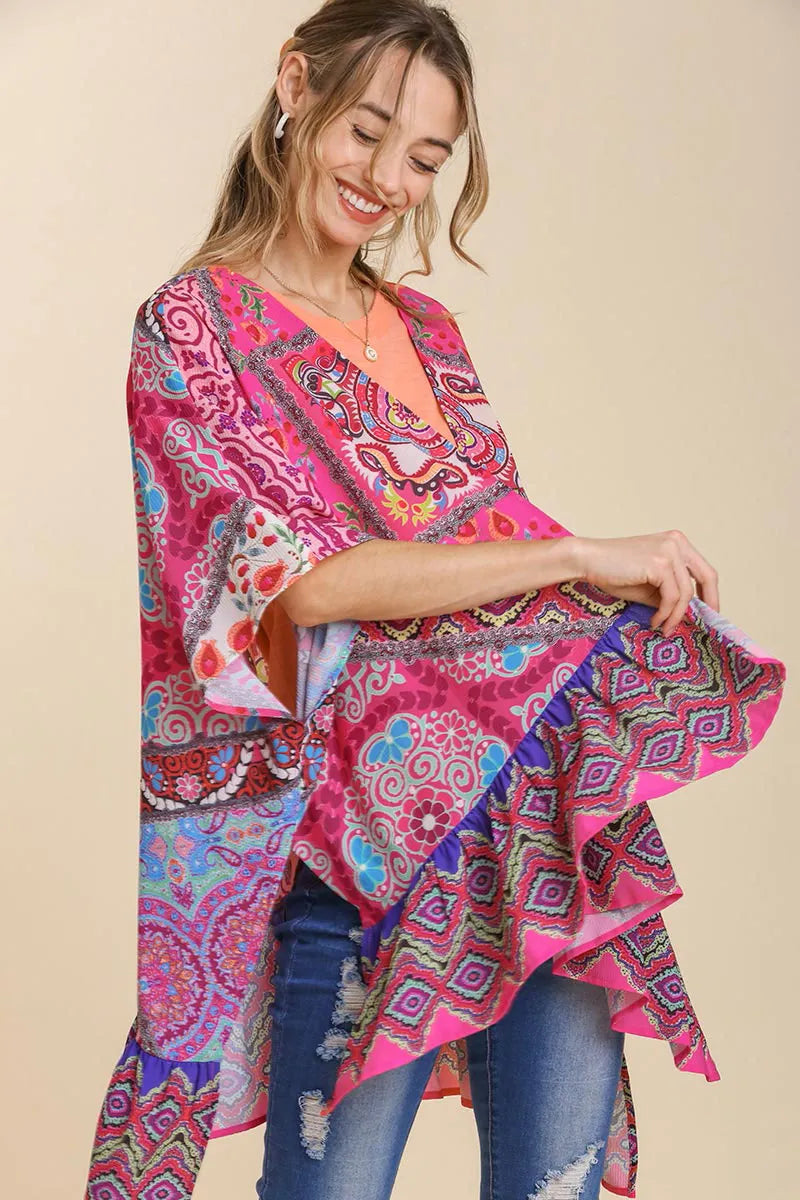 Umgee Full Size Mixed Print Ruffle Hem Open Front Cover Up Plus Size Hot Pink Women's Outerwear