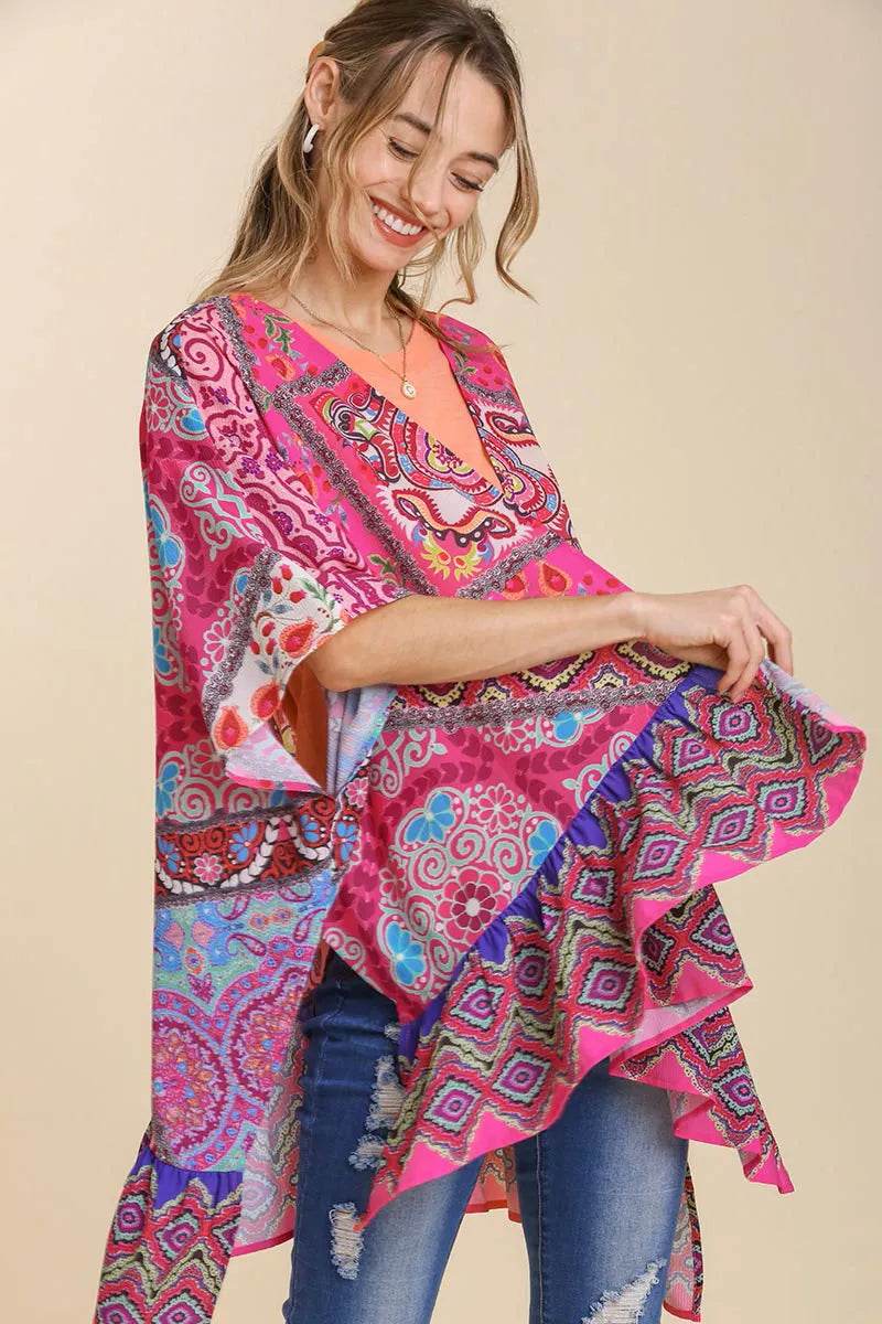 Umgee Full Size Mixed Print Ruffle Hem Open Front Cover Up Plus Size - Shop Style & More | Fresh Looks, Everyday Deals & Free Shipping