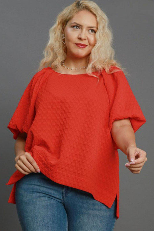 Umgee Full Size Boxy Cut Jacquard Round Neck Top with Side Slit Plus Size - Shop Style & More | Fresh Looks, Everyday Deals & Free Shipping