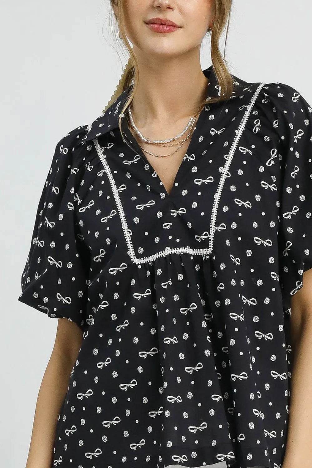 Umgee Bow Print Puff Sleeve Blouse - Shop Style & More | Fresh Looks, Everyday Deals & Free Shipping