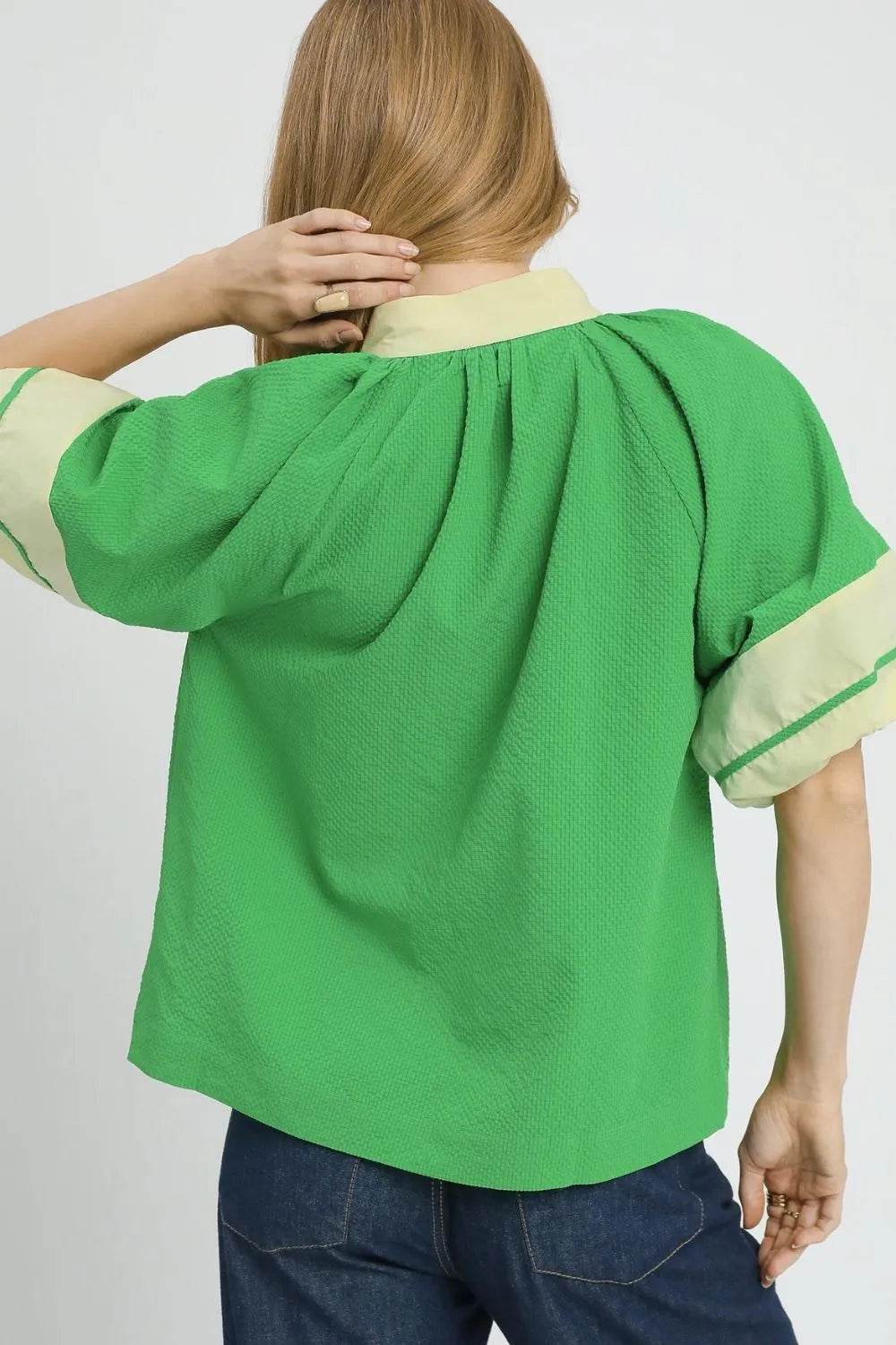 Umgee Contrast Trim Notched Puff Sleeve Blouse - Shop Style & More | Fresh Looks, Everyday Deals & Free Shipping