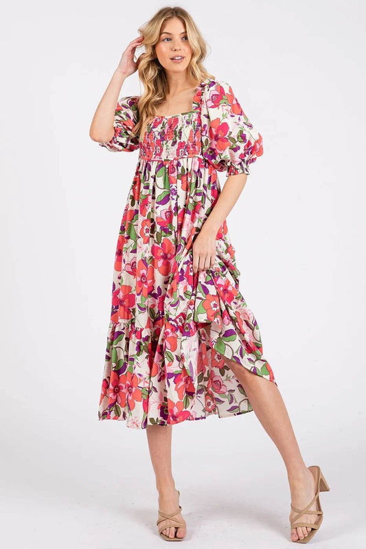 Mittoshop Flower Print Puff Sleeve Ruffle Smocked Midi Dress - Shop Style & More | Fresh Looks, Everyday Deals & Free Shipping