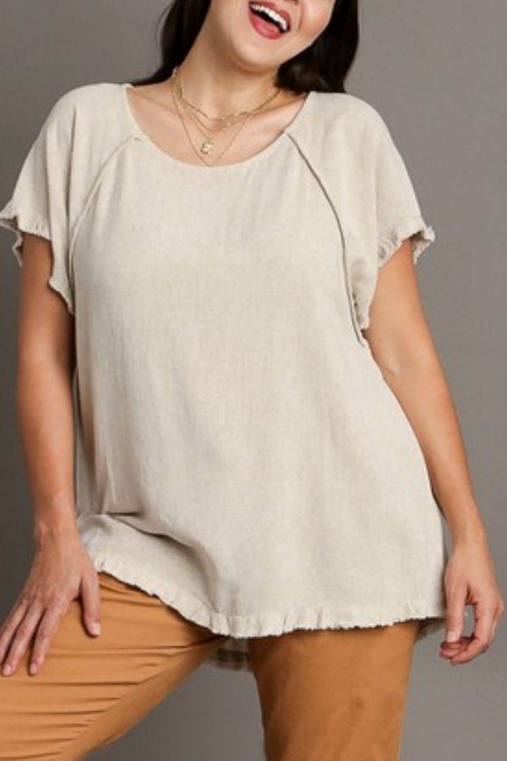 Umgee Full Size Seam Detail Linen Ruffle Fringe Edge Top Plus Size - Shop Style & More | Fresh Looks, Everyday Deals & Free Shipping