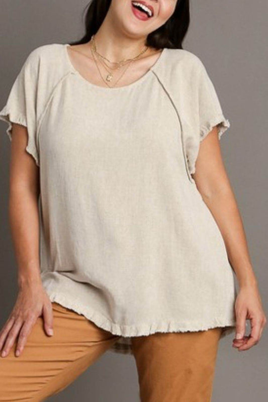 Umgee Full Size Seam Detail Linen Ruffle Fringe Edge Top Plus Size - Shop Style & More | Fresh Looks, Everyday Deals & Free Shipping