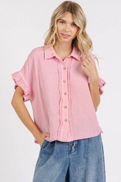 Mittoshop Mineral Washed Button Down Flounce Sleeve Shirt - Shop Style & More | Fresh Looks, Everyday Deals & Free Shipping