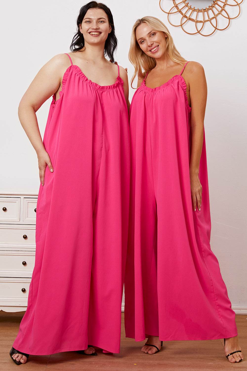 Double Take Full Size Ruffle Trim Tie Back Cami Jumpsuit with Pockets - Shop Style & More | Fresh Looks, Everyday Deals & Free Shipping
