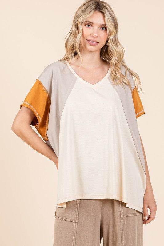 Mittoshop Color Block V-Neck Short Sleeve T-Shirt - Shop Style & More | Fresh Looks, Everyday Deals & Free Shipping