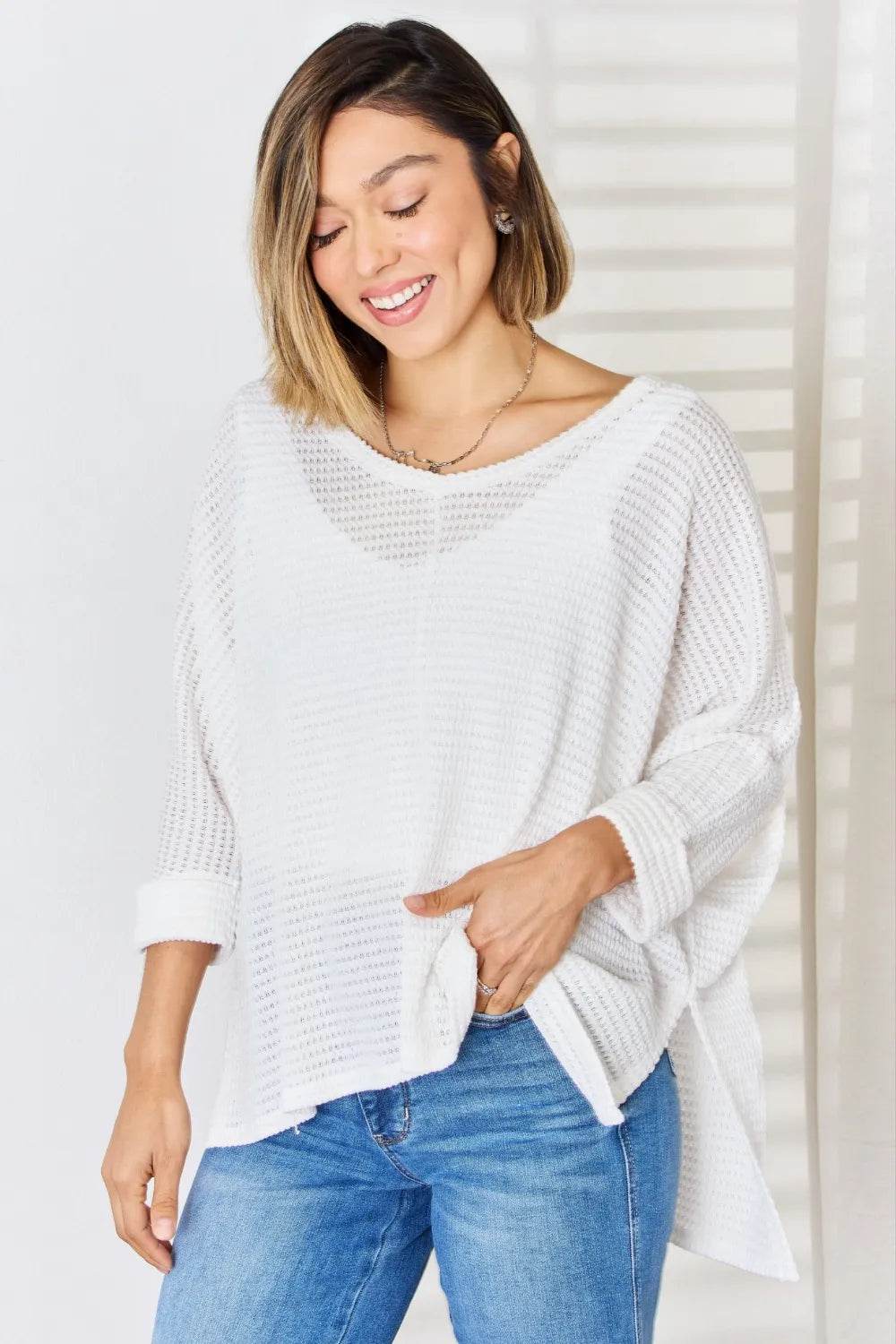 Zenana Full Size Waffle Knit V-Neck Long Sleeve Slit Top - Shop Style & More | Fresh Looks, Everyday Deals & Free Shipping