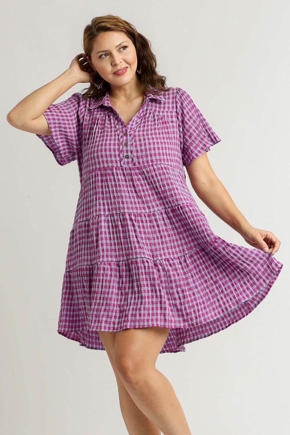 Umgee Full Size Gingham Tiered Button Detail Short Sleeve Dress Plus Size - Shop Style & More | Fresh Looks, Everyday Deals & Free Shipping