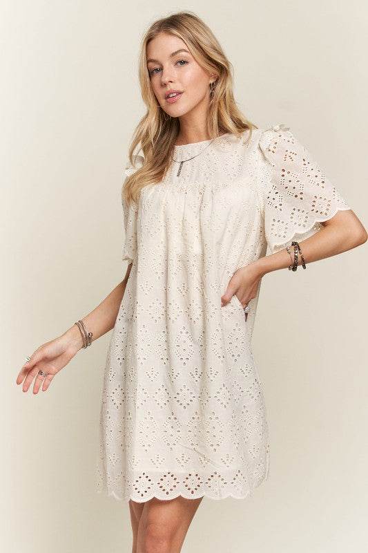 ADORA Ruffled Eyelet Round Neck Dress - Shop Style & More | Fresh Looks, Everyday Deals & Free Shipping