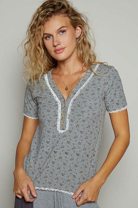 POL Lace Detail Floral V-Neck Button Detail Short Sleeve T-Shirt - Shop Style & More | Fresh Looks, Everyday Deals & Free Shipping