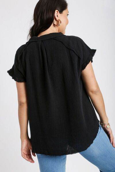 Umgee Full Size Frayed Hem Collared Neck Short Sleeve Shirt Plus Size - Shop Style & More | Fresh Looks, Everyday Deals & Free Shipping