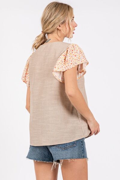 Ces Femme Round Neck Floral Short Sleeve Top Blouses