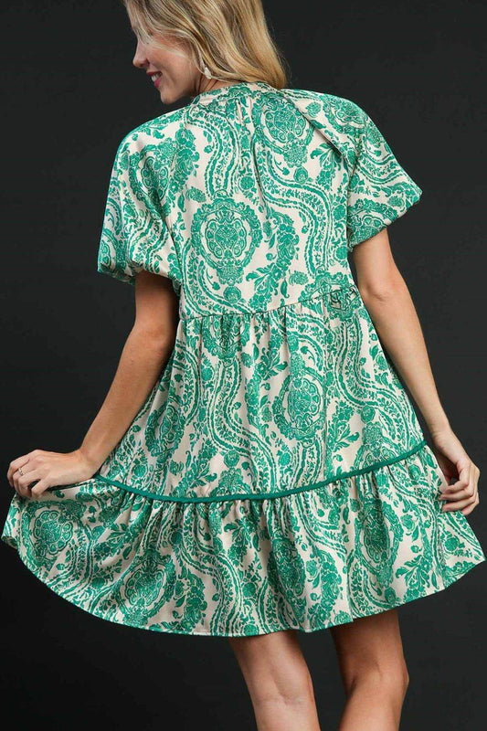 Umgee Full Size Printed Notched Puff Sleeve Mini Dress Plus Size - Shop Style & More | Fresh Looks, Everyday Deals & Free Shipping