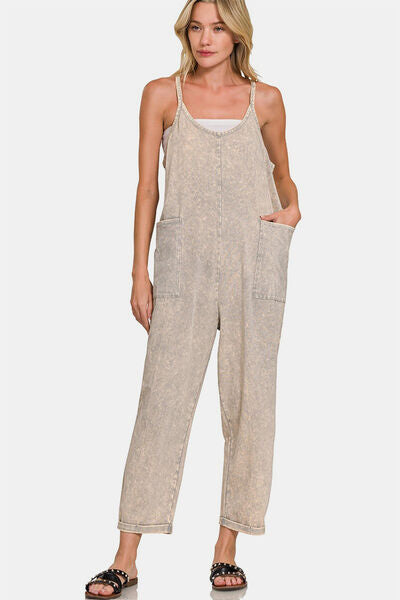 Zenana Washed Spaghetti Straps Overalls with Pockets Sleet Jumpsuits