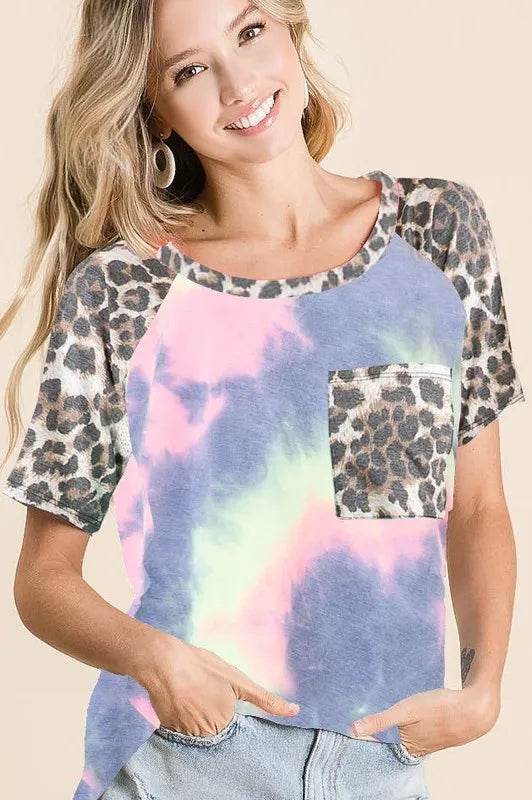BiBi Tie Dye Knit Top with Leopard Raglan Sleeves - Shop Style & More | Fresh Looks, Everyday Deals & Free Shipping