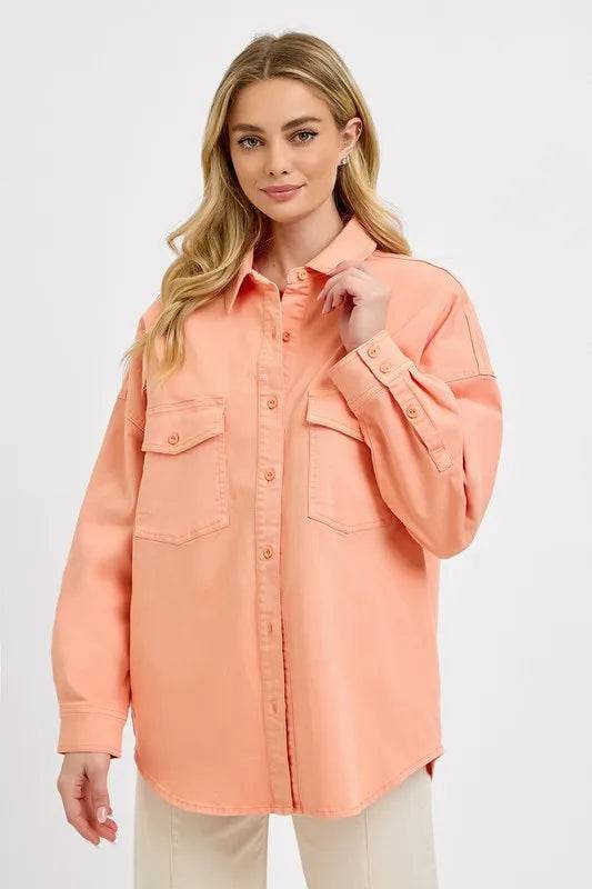 RISEN Full Size Button Down Long Sleeve Denim Shacket with Chest Pockets Plus Size - Shop Style & More | Fresh Looks, Everyday Deals & Free Shipping