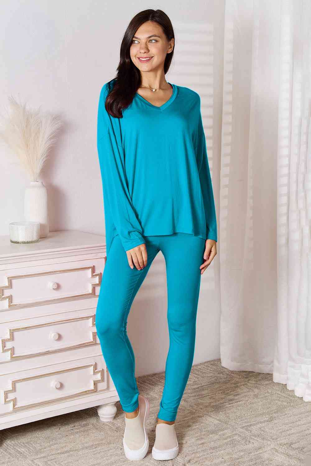 Basic Bae Full Size V-Neck Soft Rayon Long Sleeve Top and Pants Lounge Set Sky Blue Lounge Set