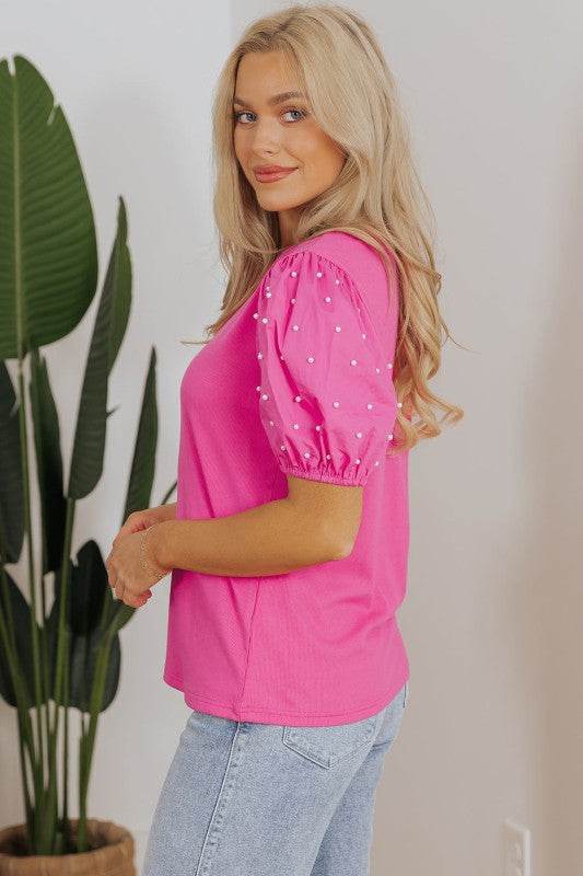 Shiloh Ribbed Pearl Beaded Puff Sleeve Top - Shop Style & More | Fresh Looks, Everyday Deals & Free Shipping