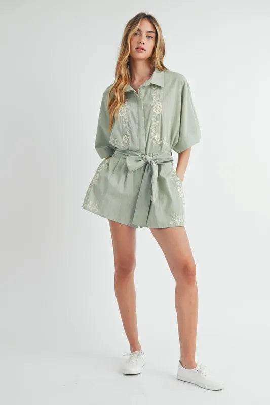 MABLE Embroidered Button Down Collared Neck Romper - Shop Style & More | Fresh Looks, Everyday Deals & Free Shipping