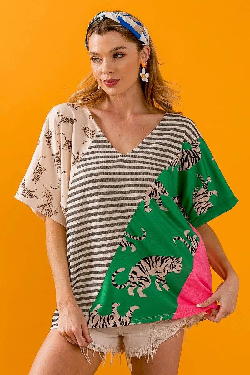 BiBi Tiger W Stripe Contrast Color Block V Neck Top - Shop Style & More | Fresh Looks, Everyday Deals & Free Shipping
