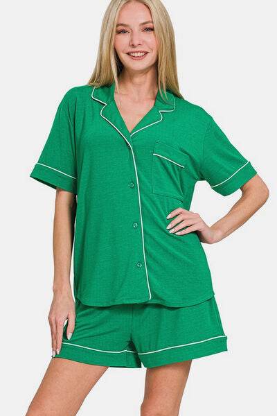 Zenana Button Down Short Sleeve Top and Shorts Lounge Set - Shop Style & More | Fresh Looks, Everyday Deals & Free Shipping