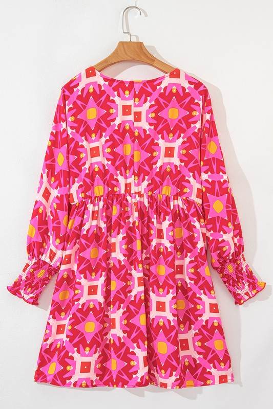 Geometric Print Smocked Long Sleeve Mini Dress - Shop Style & More | Fresh Looks, Everyday Deals & Free Shipping