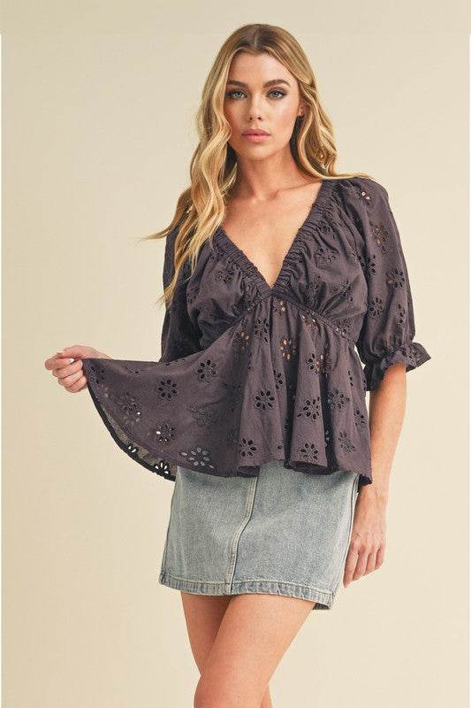 Aemi + Co Eyelet Embroidered V-Neck Half Sleeve Peplum Blouse - Shop Style & More | Fresh Looks, Everyday Deals & Free Shipping