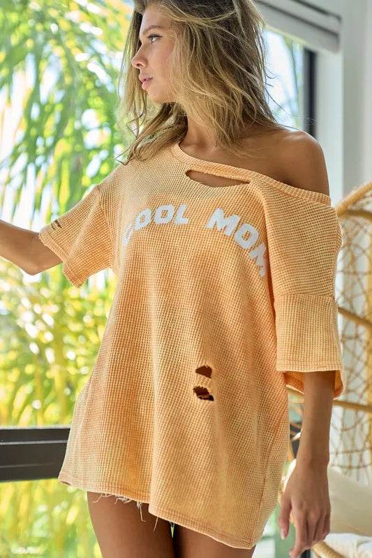 BiBi Washed Laser Cut Detail Cool Mom Print Thermal Top - Shop Style & More | Fresh Looks, Everyday Deals & Free Shipping