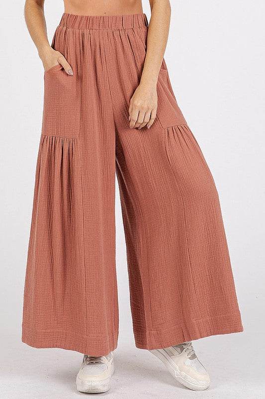 Mittoshop Gauze Elastic Waist Pleated Wide Leg Pants - Shop Style & More | Fresh Looks, Everyday Deals & Free Shipping