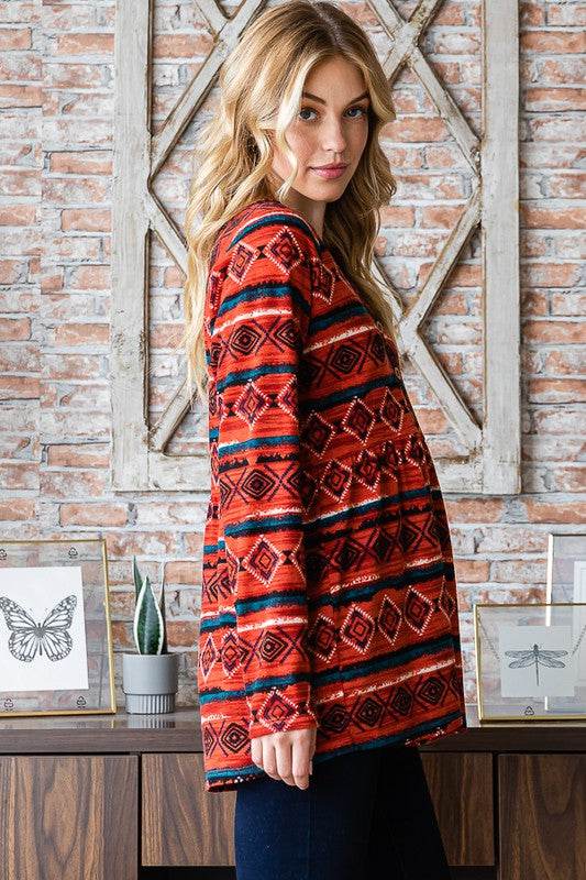 Heimish Full Size Geometric Button Detail Long Sleeve Babydoll Top - Shop Style & More | Fresh Looks, Everyday Deals & Free Shipping