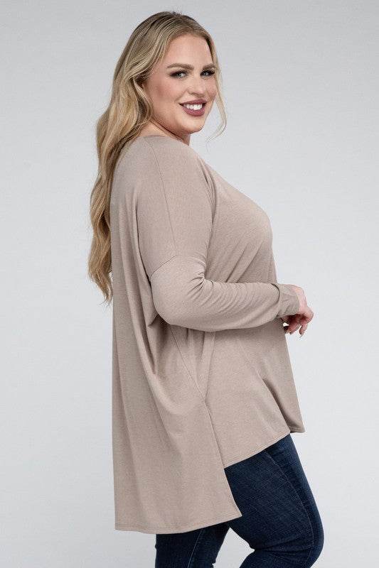 Plus Dolman Sleeve V-Neck Side Slit Hi-Low Hem Top - Shop Style & More | Fresh Looks, Everyday Deals & Free Shipping
