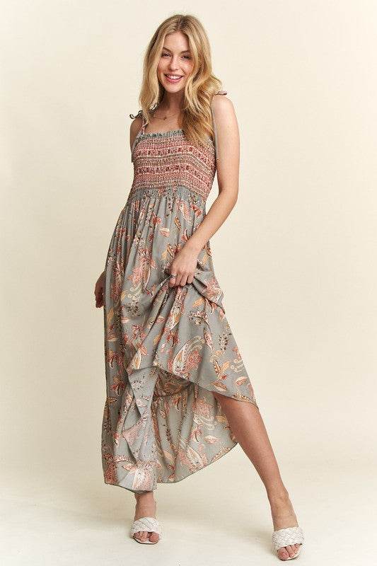 ADORA Smocked Printed Square Neck Tie Shoulder Cami Dress - Shop Style & More | Fresh Looks, Everyday Deals & Free Shipping