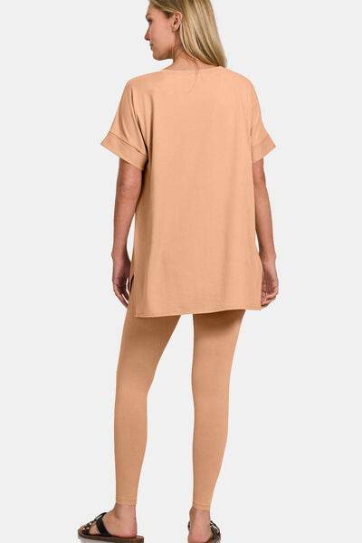 Zenana Full Size V-Neck Rolled Short Sleeve T-Shirt and Leggings Lounge Set - Shop Style & More | Fresh Looks, Everyday Deals & Free Shipping