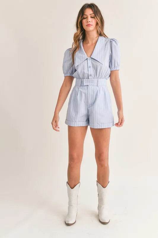 MABLE Striped Puff Sleeve Collared Neck Romper - Shop Style & More | Fresh Looks, Everyday Deals & Free Shipping